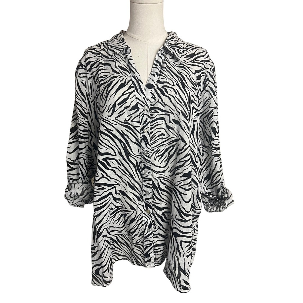 Cynthia Rowley 100% Linen Zebra Print Button Down Shirt Tunic Black White 2X